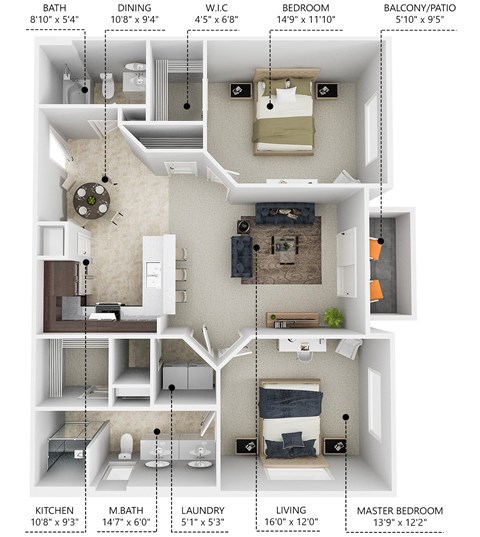 Floor plan for 2 beds, 2 baths, 1060 sqft